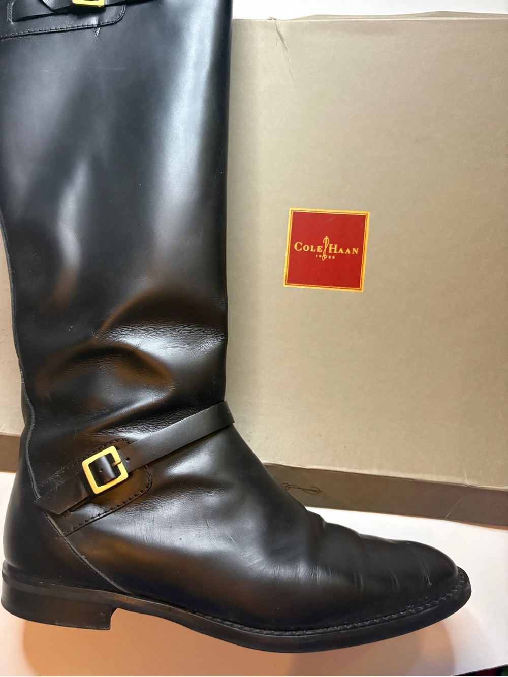 COLE HAAN Gratia black leather round toe riding crafted in Italy heeled boot